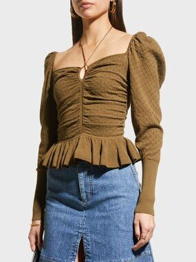 Ulla Johnson Leland Pointelle Knit Top L Khaki Green Puff Sleeve Halter Peplum